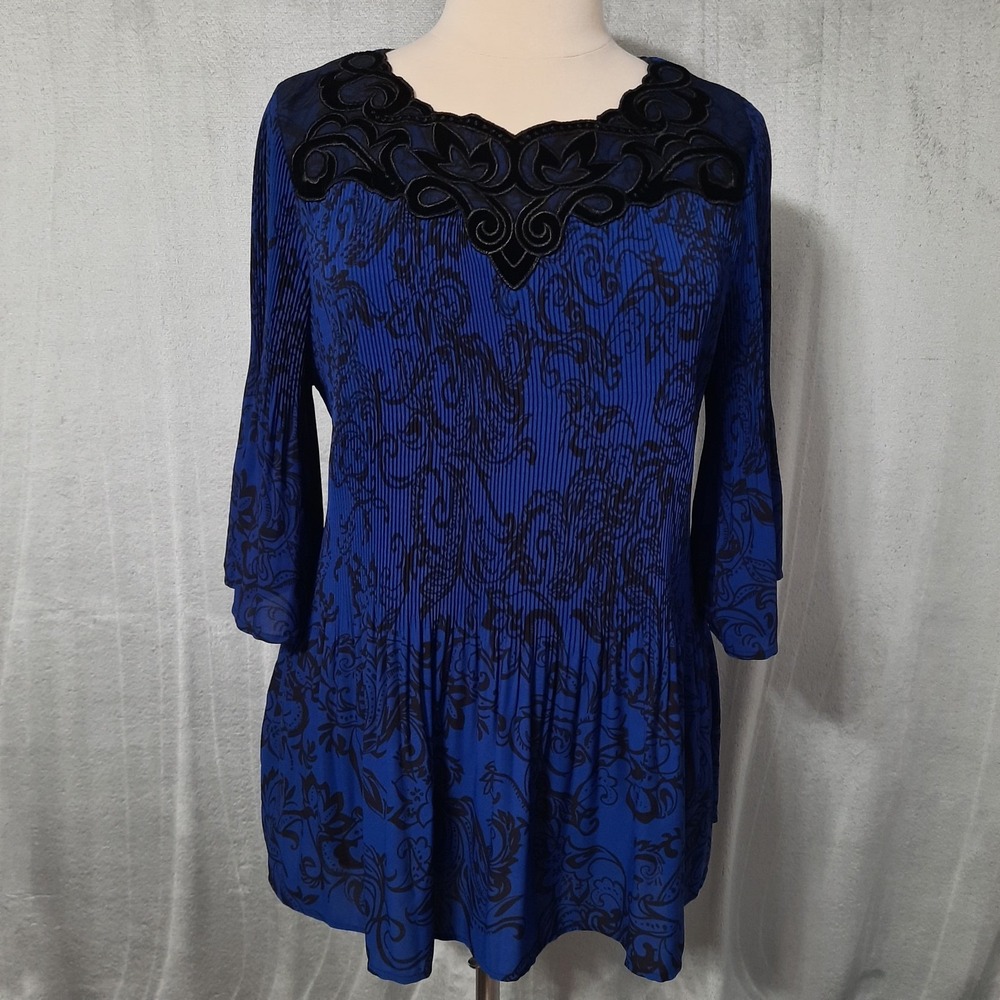 Catherines Pleated Paisley Tunic Top Velvet Mesh Trim Womens 1XP Whimsigoth Boho